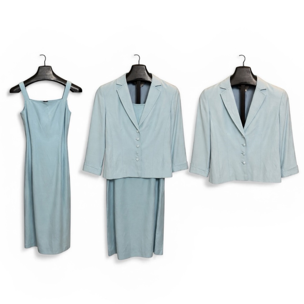 Maggy London Light Blue Suit Dress Silk & Linen 2 Piece Dress & Blazer Size 6
